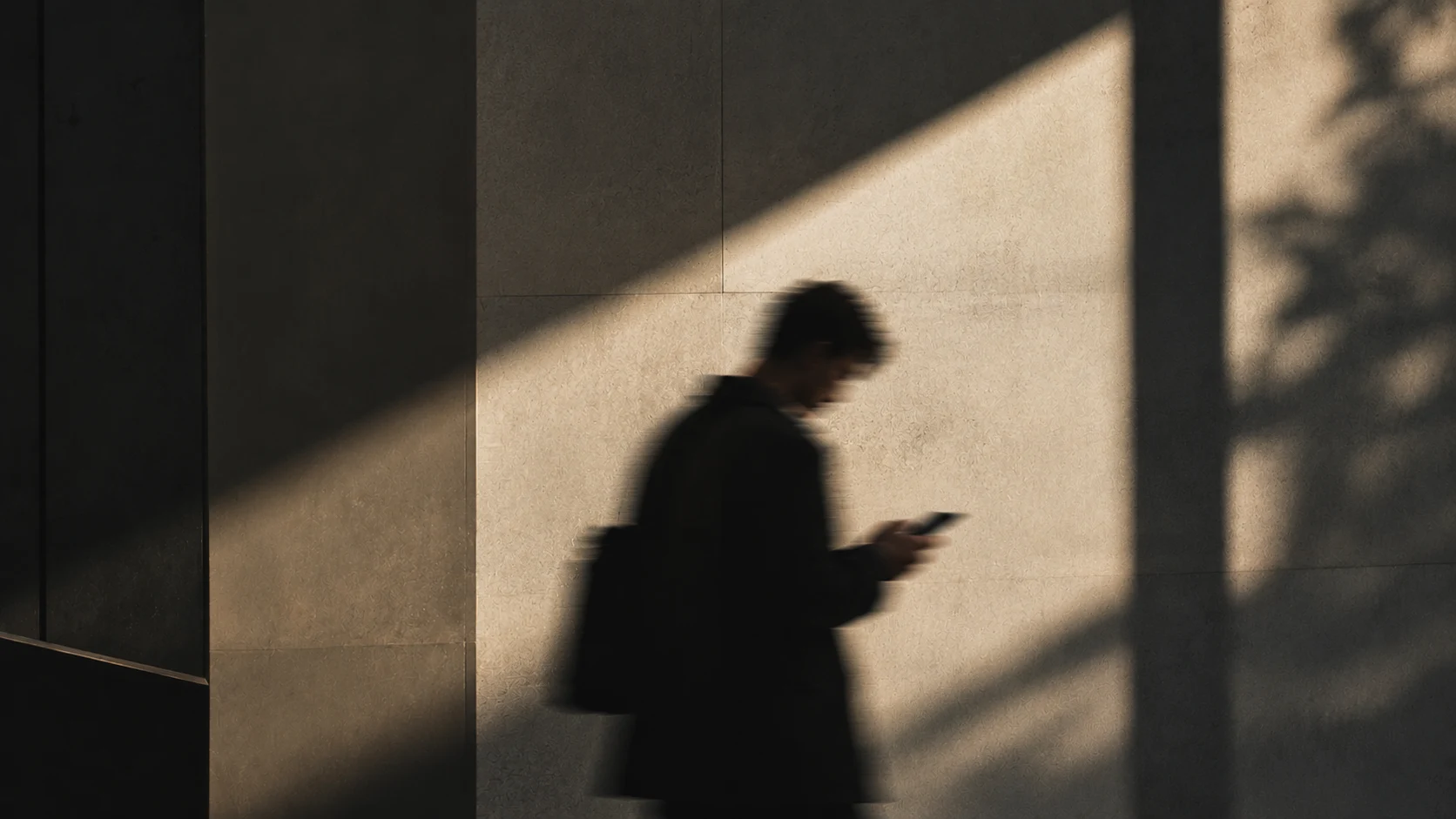 A person looking at their phone beside a sunlit stone wall